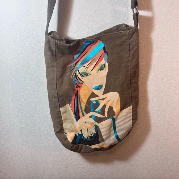 VTG Custo Barcelona Graphic Canvas Crossbody Bag | Y2K Art Face Embroidery - Picture 3 of 16